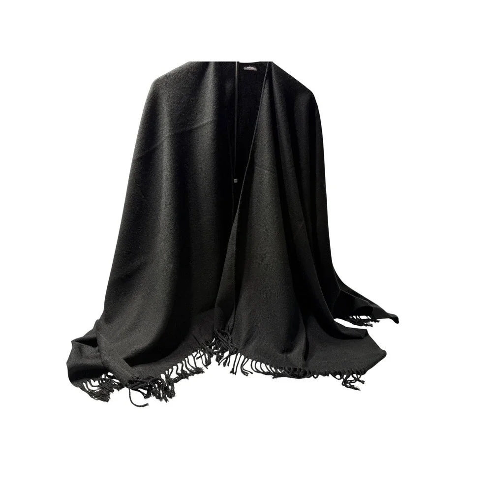 V. Fraas Black Acrylic Fringe Wrap Shawl Open Front Cape One Size